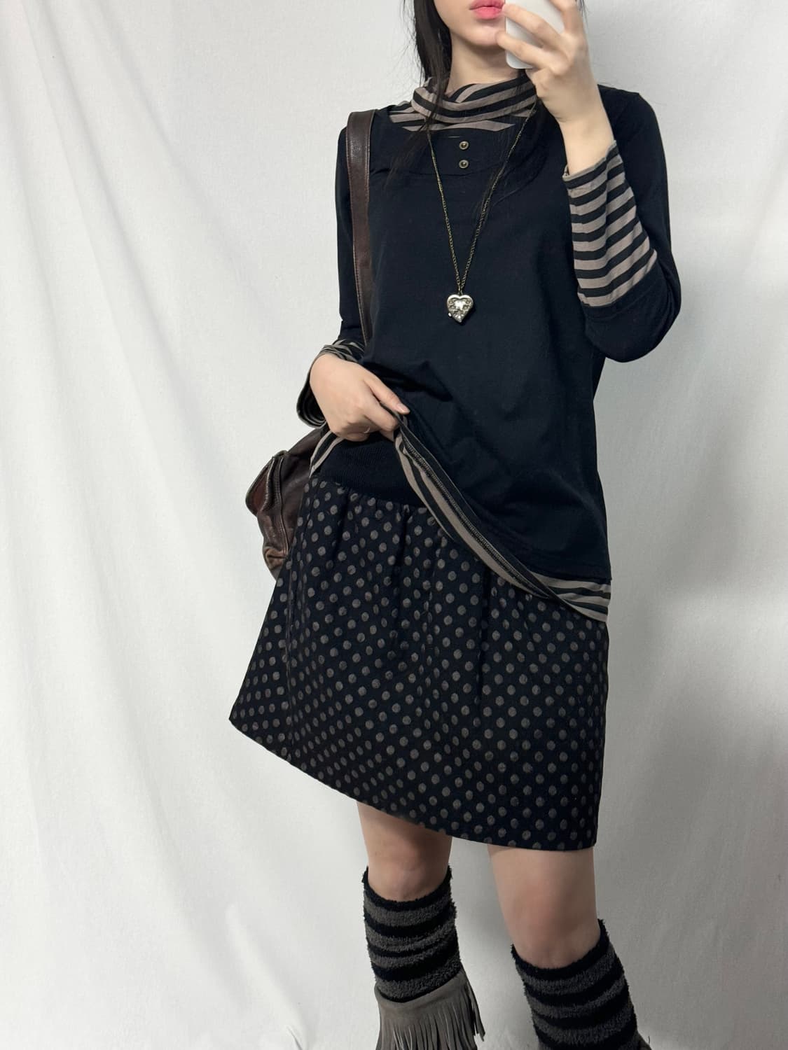 셔링 넥 레이어드 버튼 도트 패턴 스커트 2pcs SET 상품이미지4