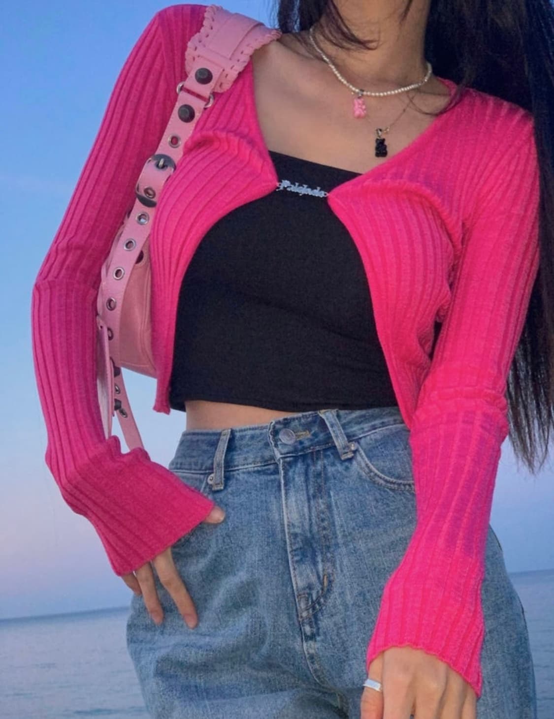 페일제이드 펜던트 니트 골지 가디건 베이비블루/핑크 쓰리타임즈포어링갸루 상품이미지6