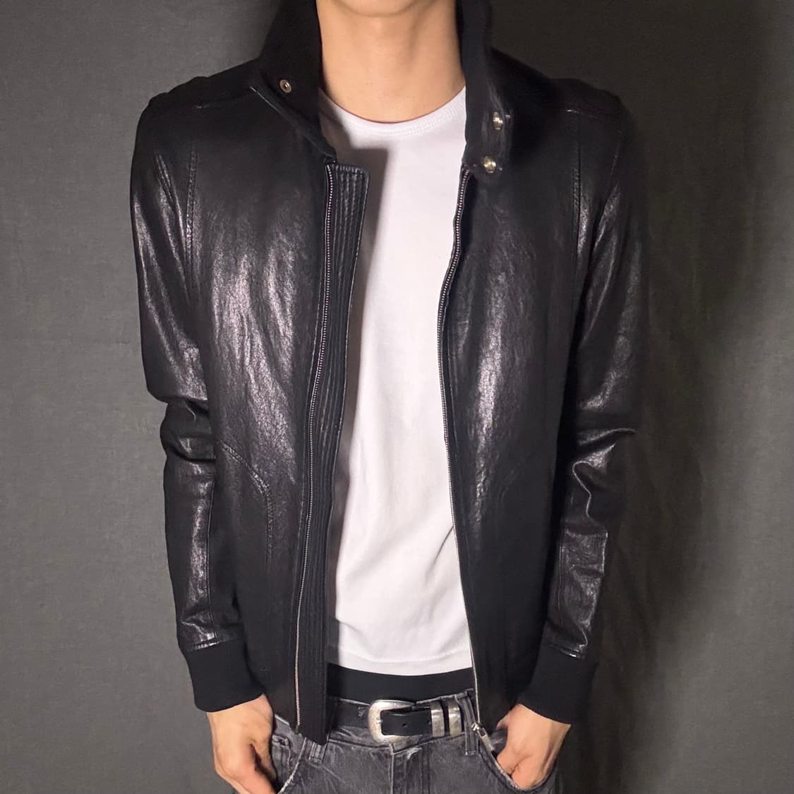 high neck slimfit lamb skin jacket 상품이미지3