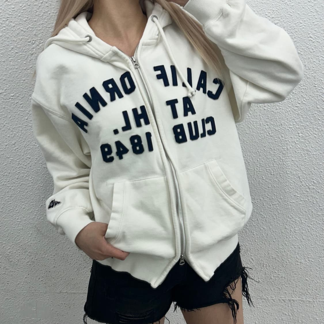 후아유 네이비 패치로고 화이트 후드집업 S 상품이미지1