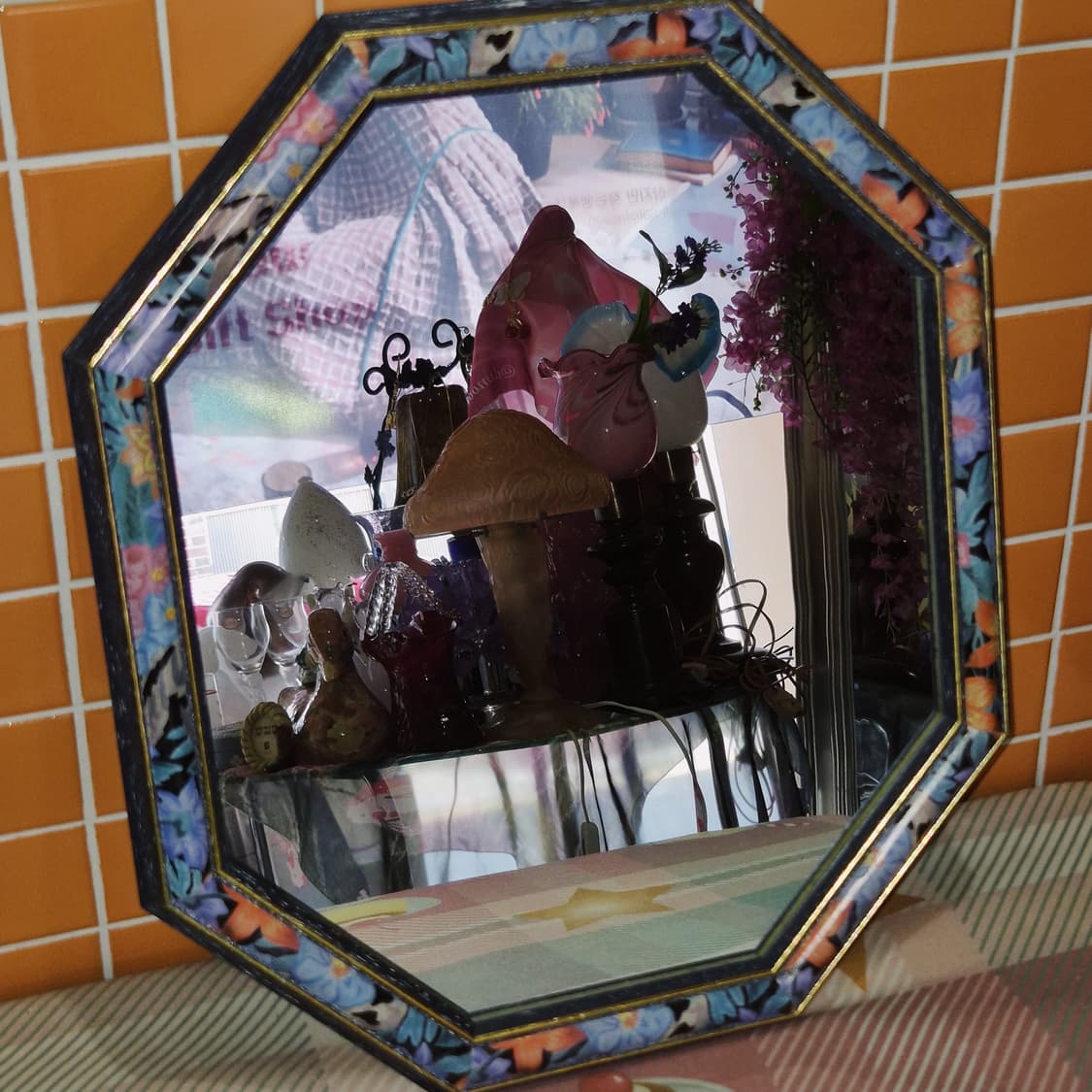70s 이탈리아 엔틱 플로랄 8각 아트 벽거울 상품이미지10