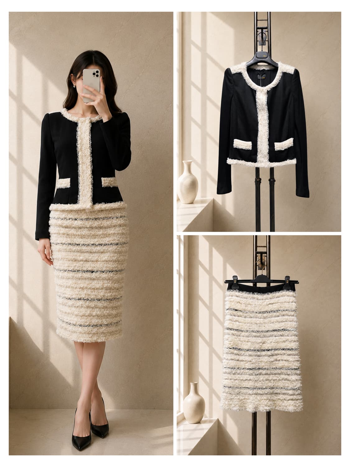 FENDI 런웨이 컬렉션 블랙 & 아이보리 부클레 자켓 + 스커트 셋업 상품이미지1