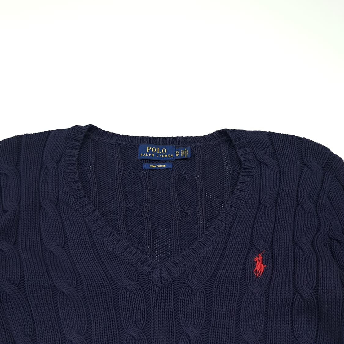 CK005 XS 폴로 피마코튼 브이넥 케이블 네이비 니트 스웨터 상품이미지2