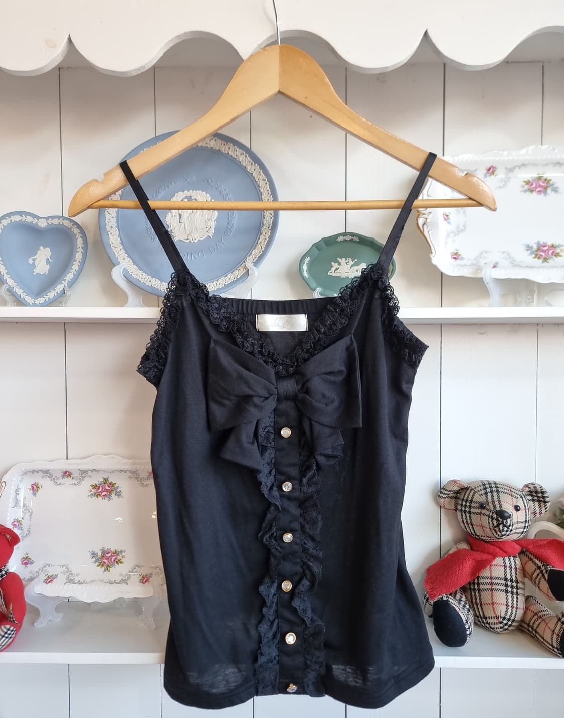 (디어리) 블랙 새틴 레이스 리본 캐미솔 탑 상품이미지5