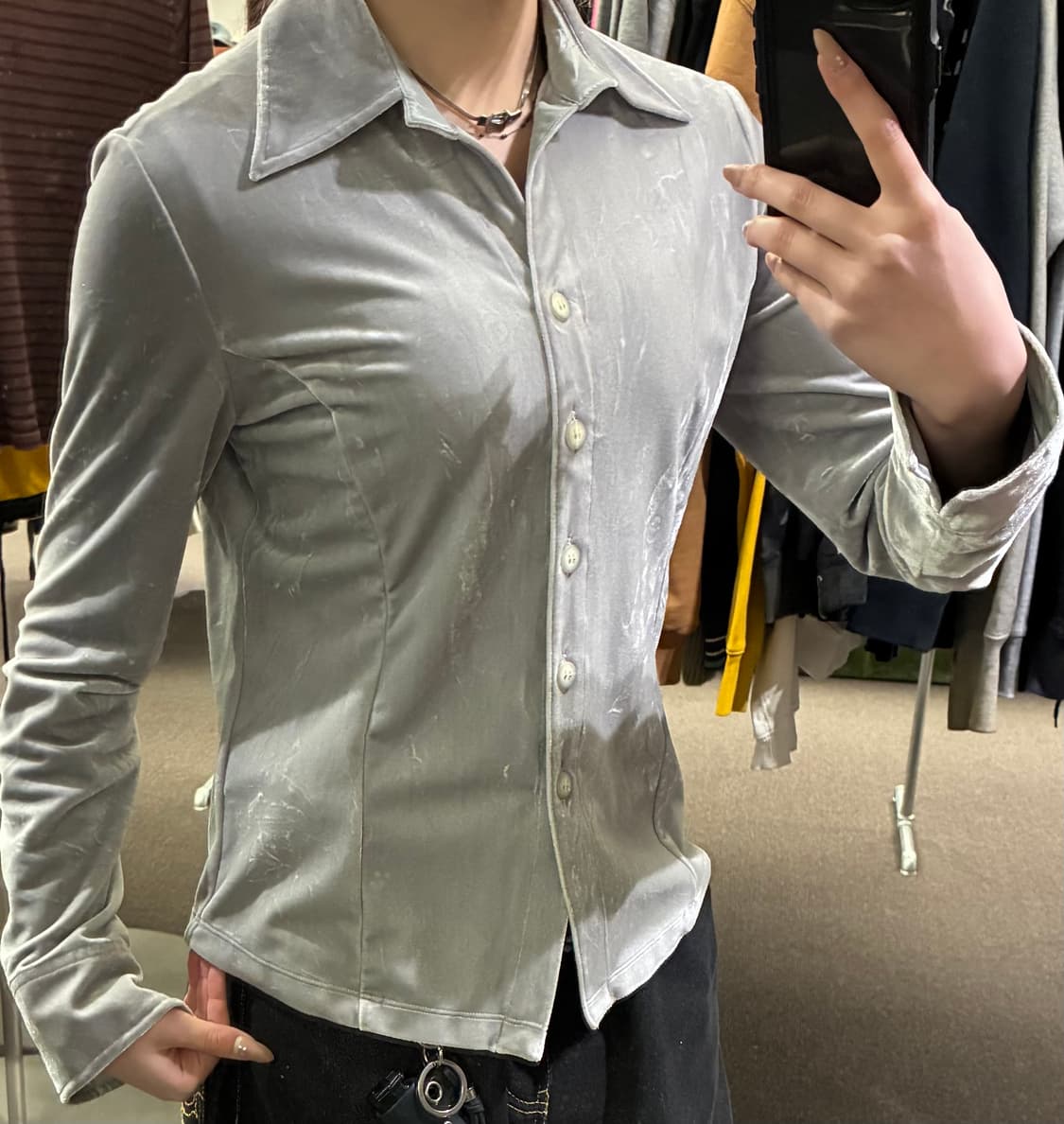 OS)Christian Aujard 빈티지 여성 그레이 벨벳 브이넥 셔츠 상품이미지1