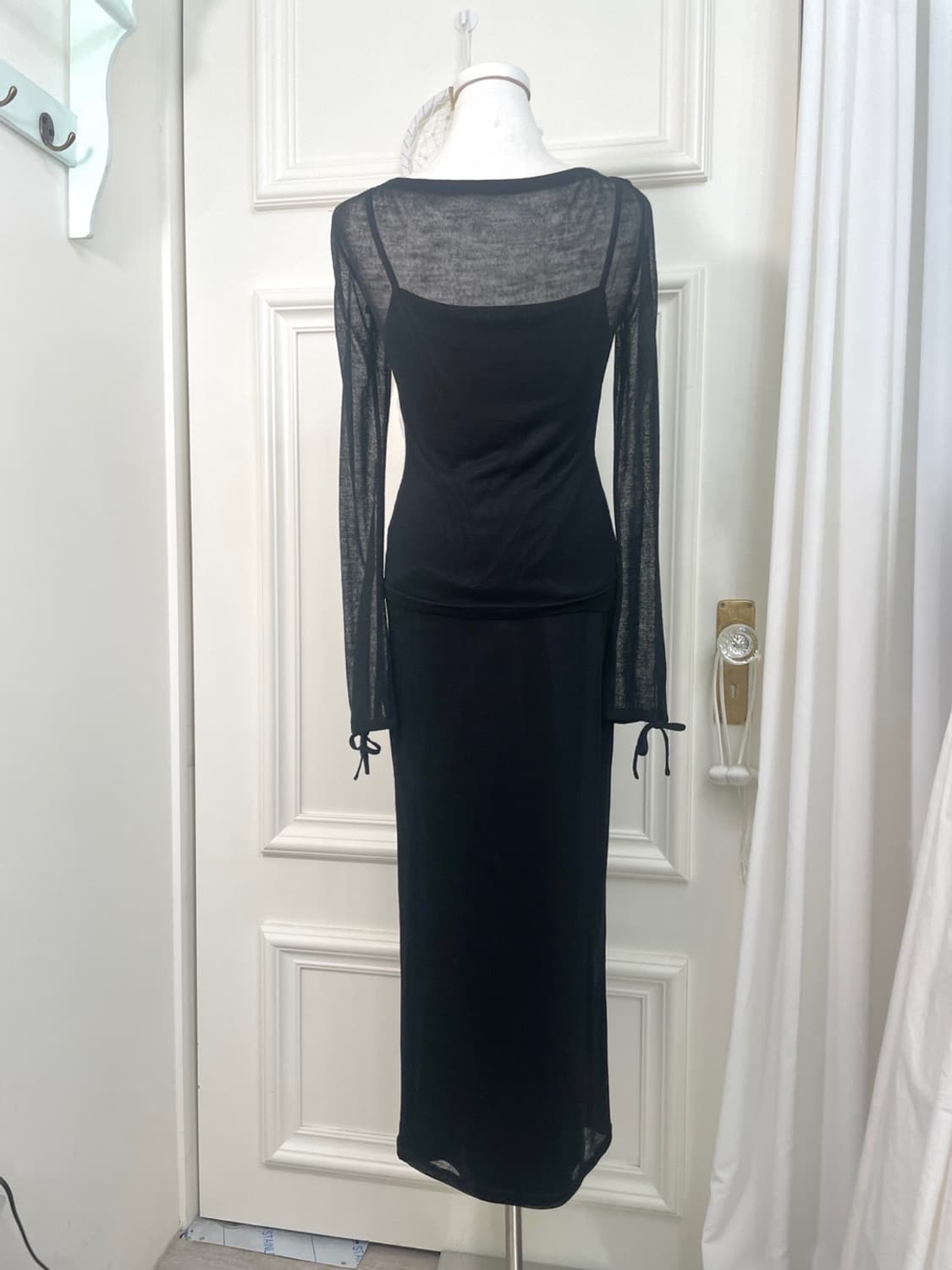 black sheer shirring bow top&skirt set 상품이미지3