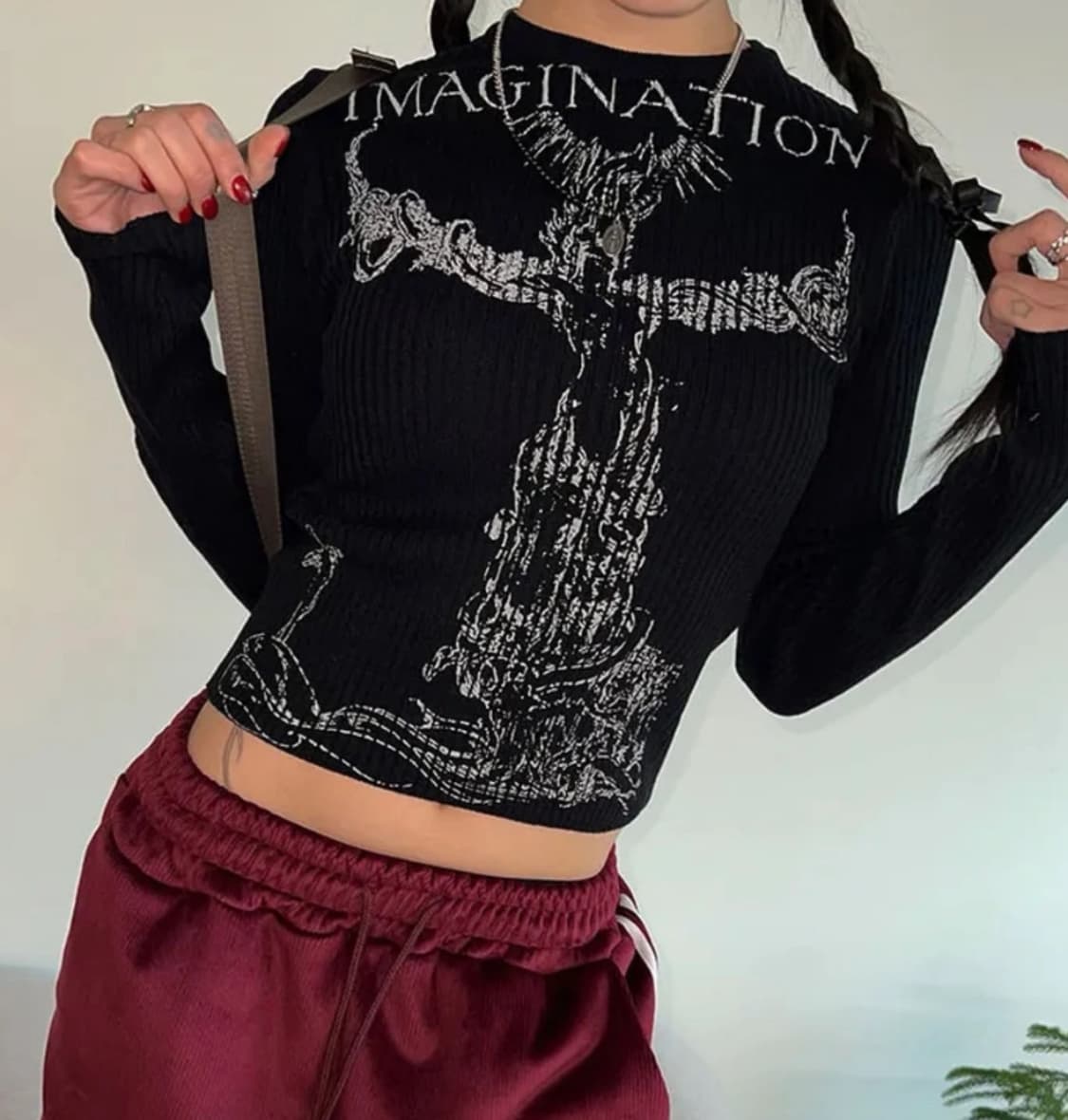 빈티지 고딕 펑크 프린팅 골지 롱슬리브 y2k 상품이미지2