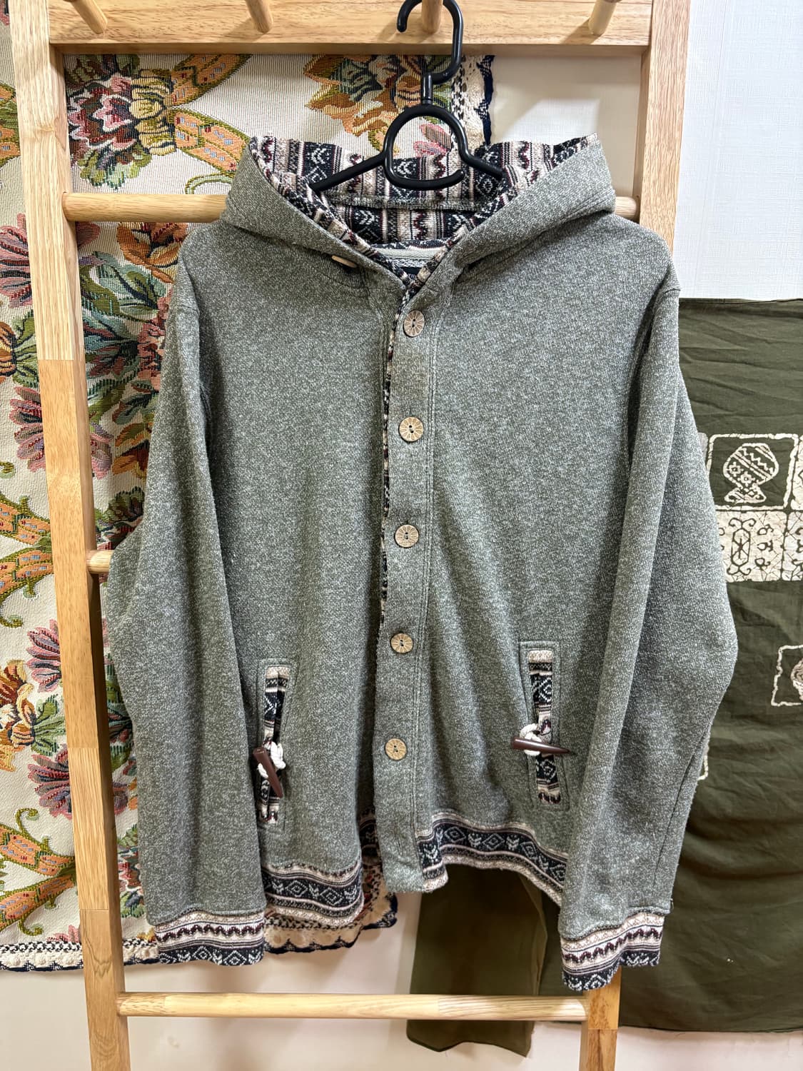 히피 모리 애쉬 카키 에스닉 디테일 후드집업 상품이미지1