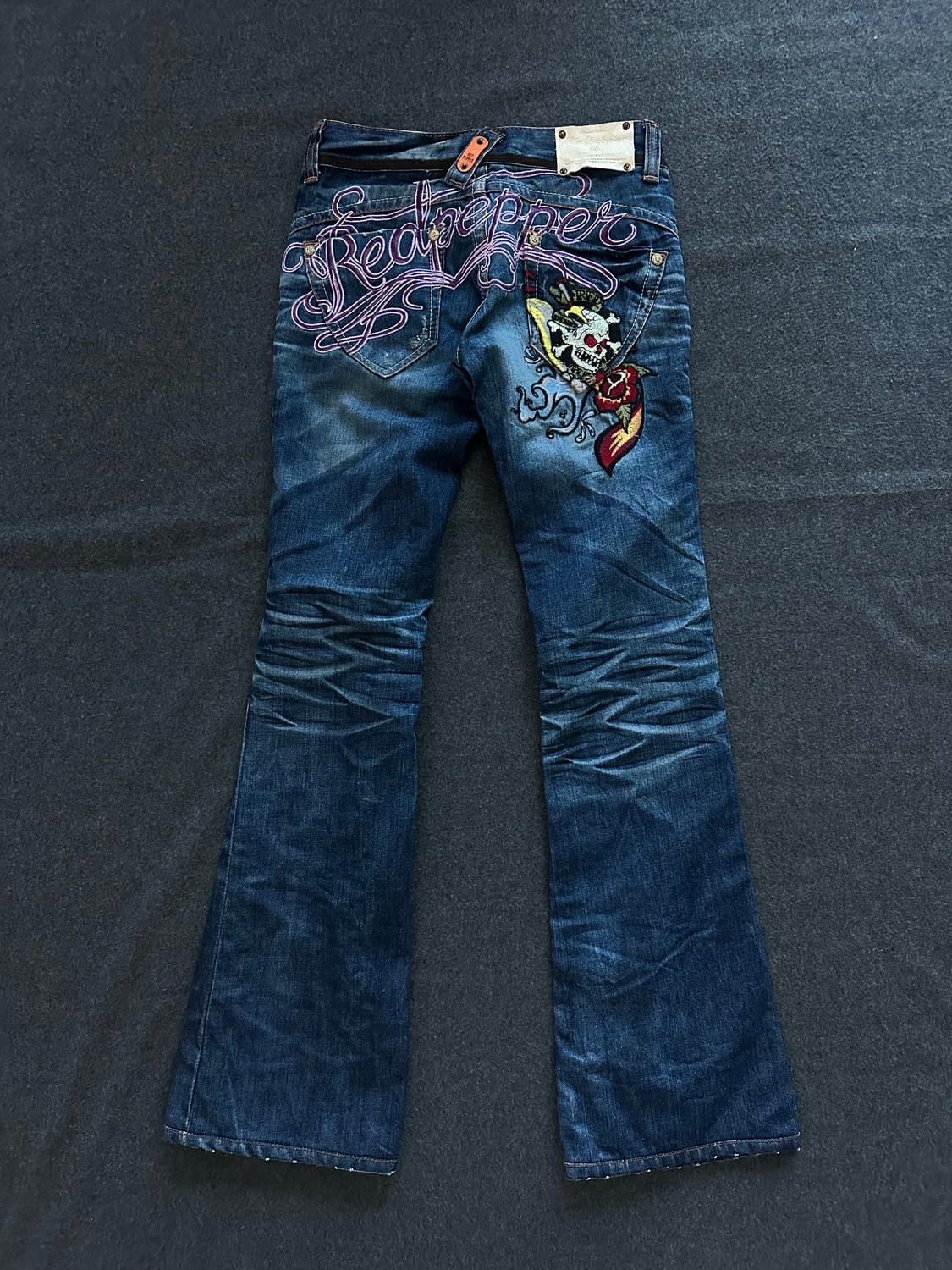 레드페퍼 해골 백패치 로우라이즈 부츠컷 데님팬츠 y2k 펑크 상품이미지4