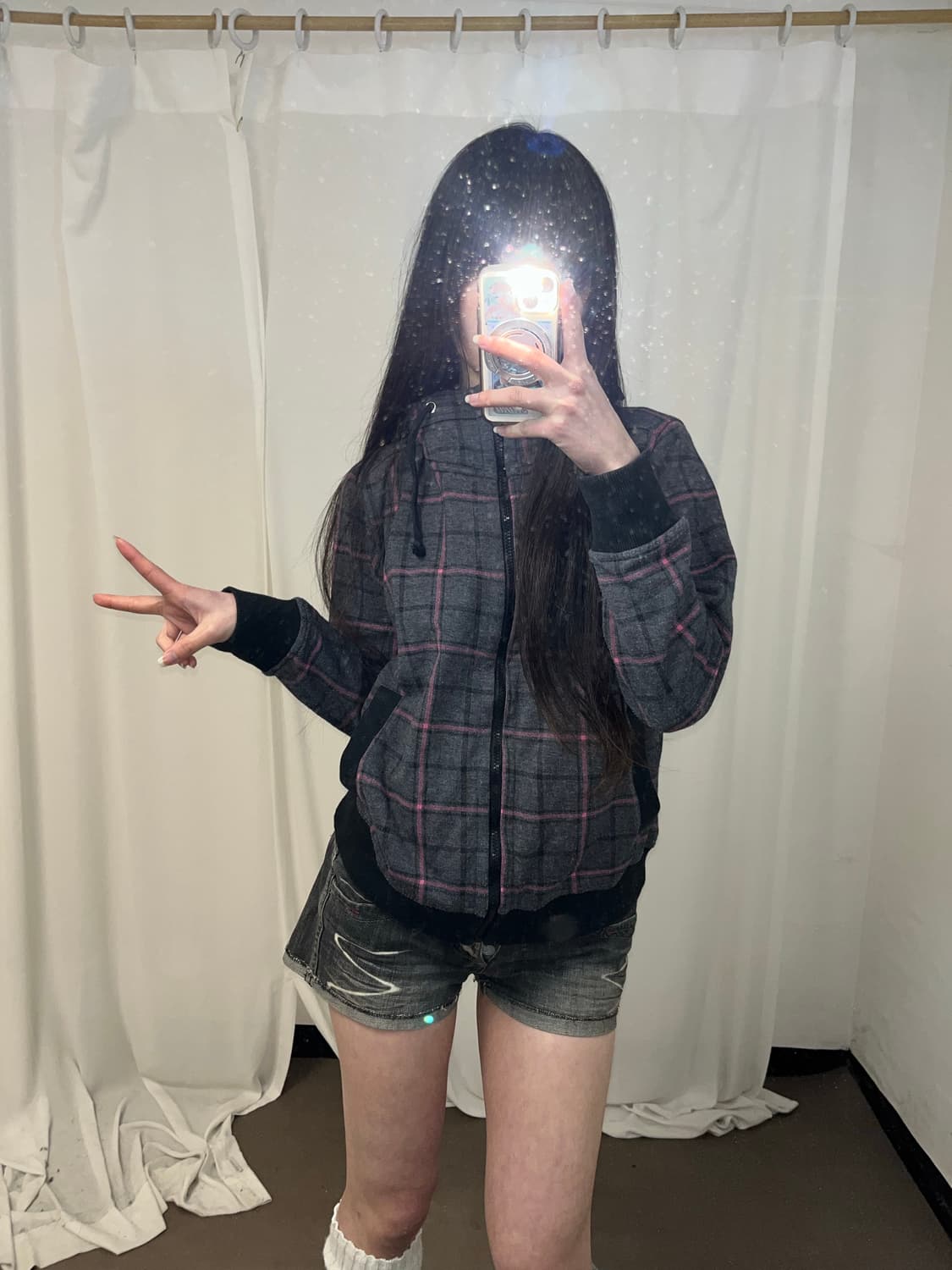 니혼진 핑크 체크 패턴 하이넥 후드집업 상품이미지4