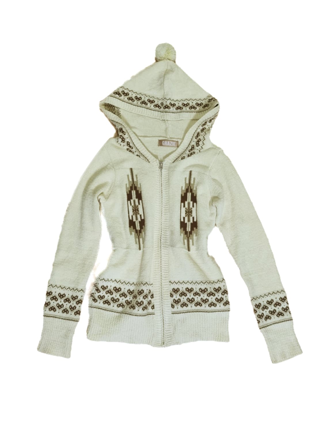 빈티지 아이보리 후드 니트 폼폼이 집업 노르딕 패턴 모리걸하구미히피니혼진 상품이미지1