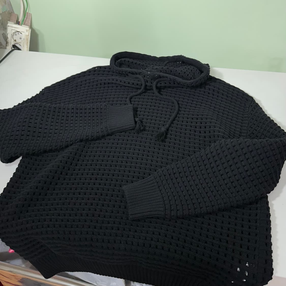 L-XL 자라 맨 블랙 루즈오버핏 시스루 니트후드 상품이미지3