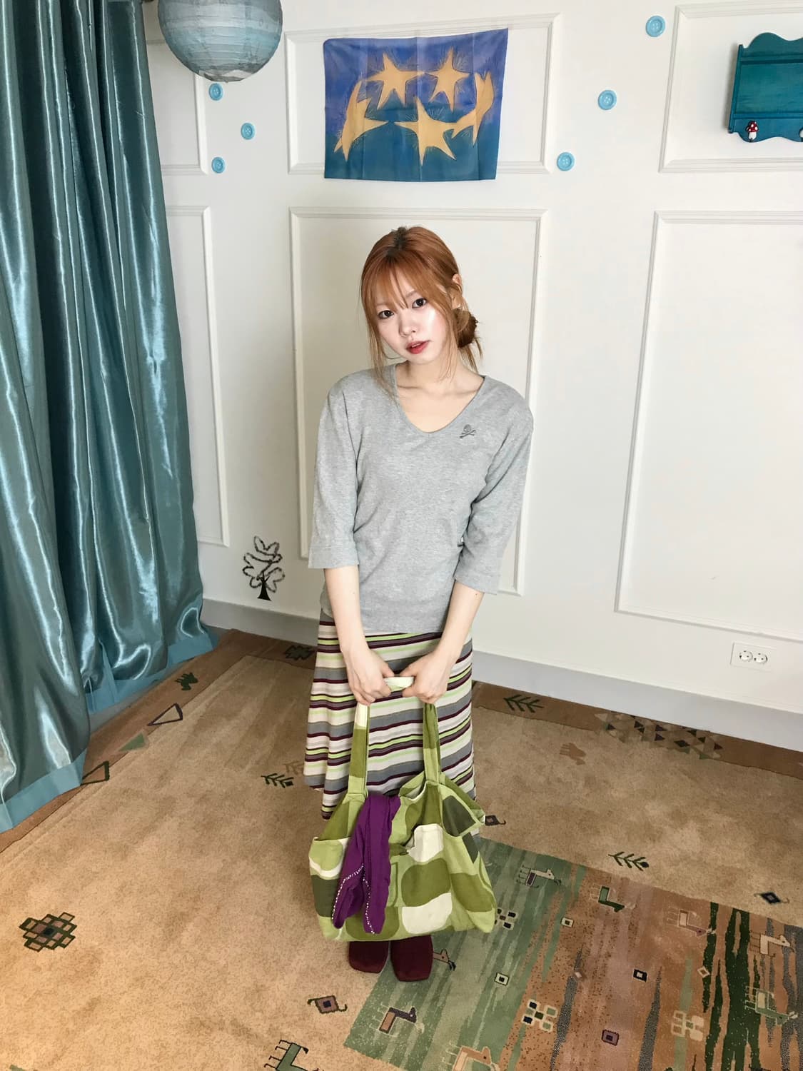 스트라이프 사선 언발 스커트와 색감이 조화는로운 퍼플 상의+말차🍃💟 상품이미지6