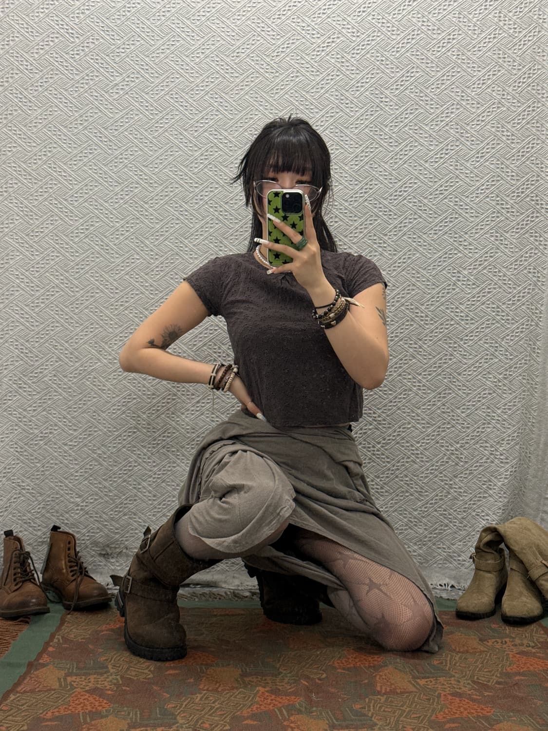 빈티지 보헤미안 모리 코지 펀칭 잔꽃 크롭 반팔티 K0080 상품이미지2