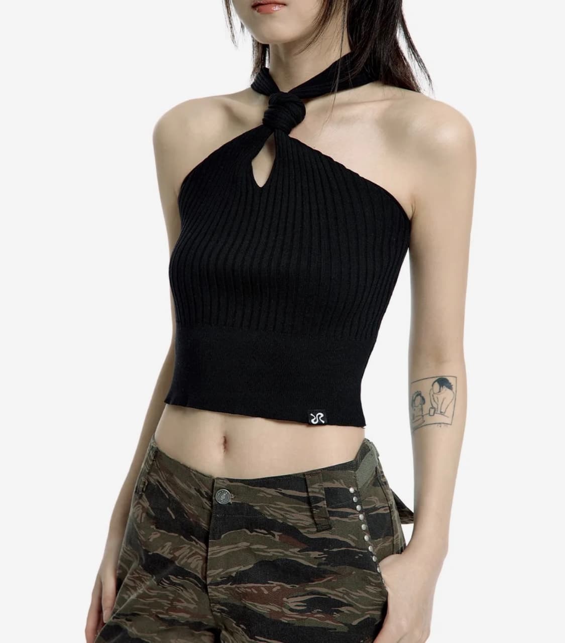 러프넥 니트 홀터넥 탑 블랙 상품이미지1