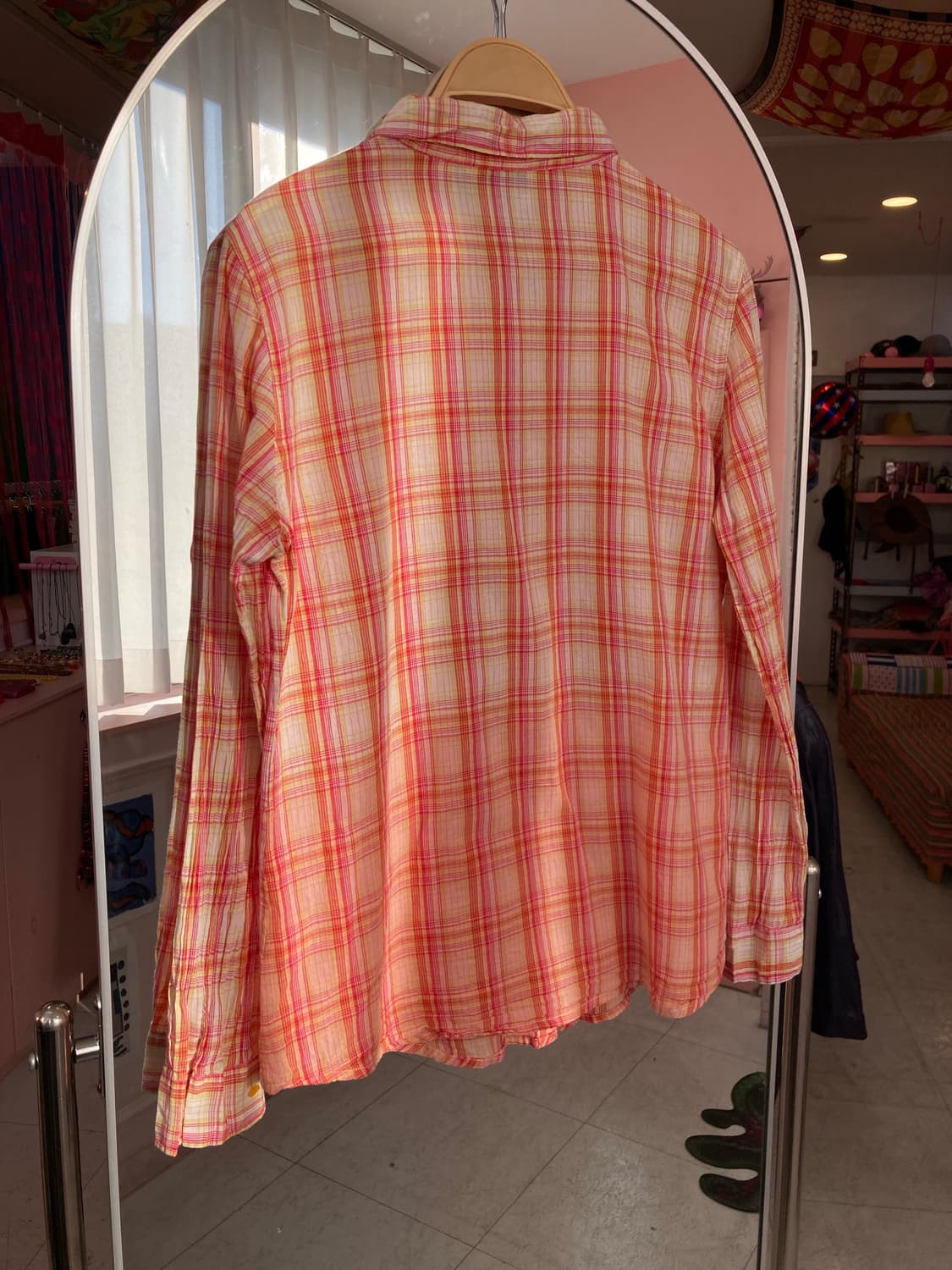빈티지 오렌지핑크 코튼 100 체크 셔츠 상품이미지5