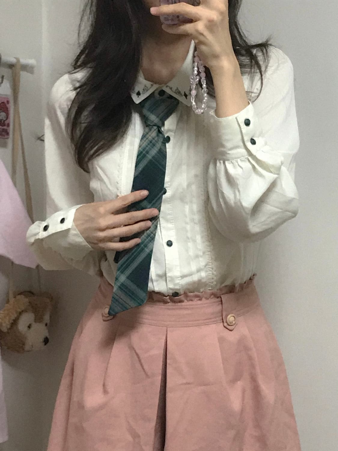 빈티지 엑시즈팜 라떼 넥타이 블라우스 셔츠 로걀 히메갸루 슈가슈가룬 모리 상품이미지1
