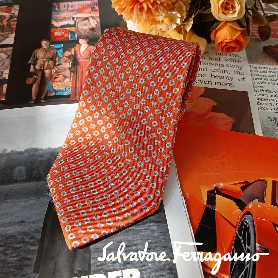 페라가모 실크 오렌지 나비 패턴 넥타이 8.8cm A등급 A19598
 상품이미지1