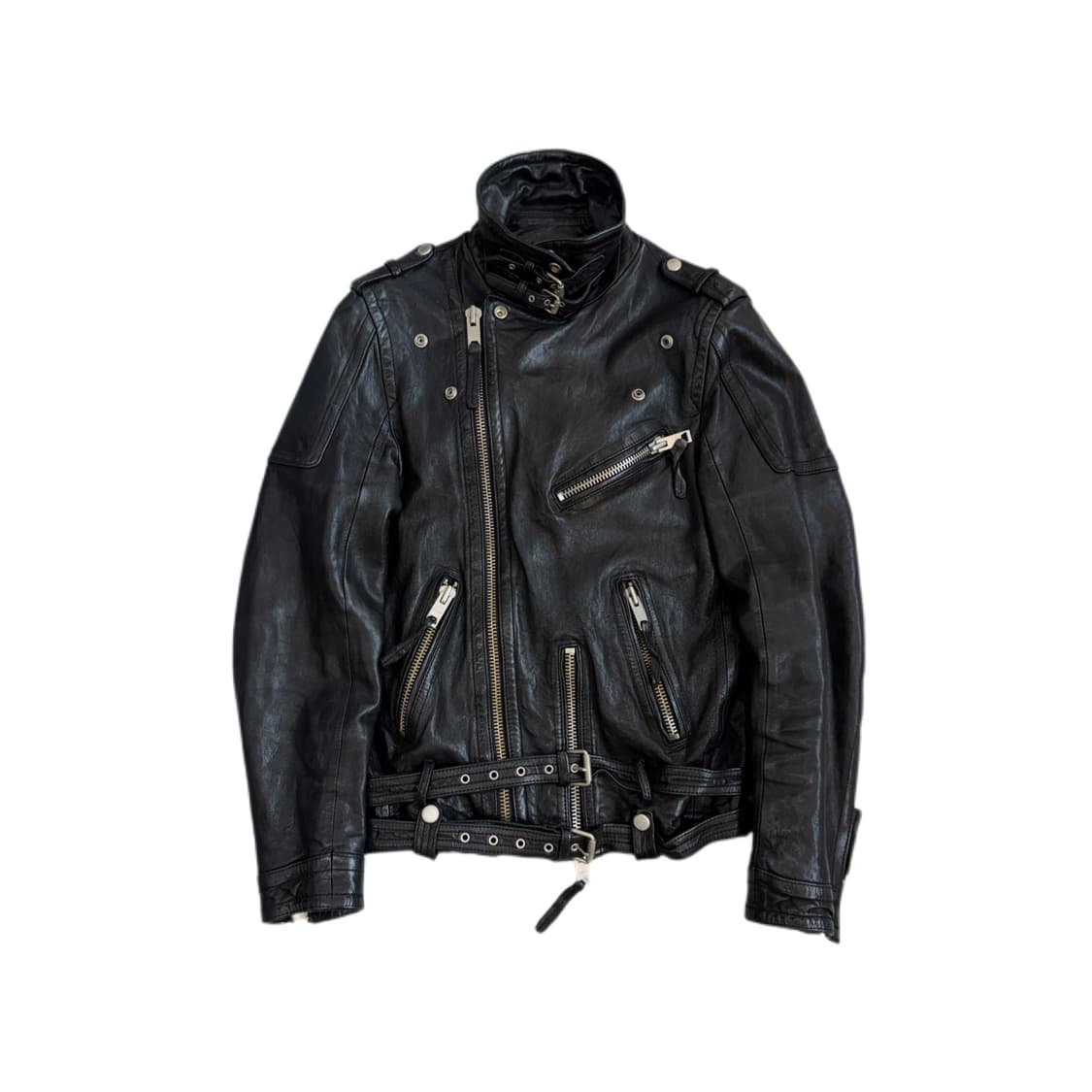 사선 바이커 하이넥 리얼레더 멀티지퍼 라이더 램스킨 가죽자켓 상품이미지1