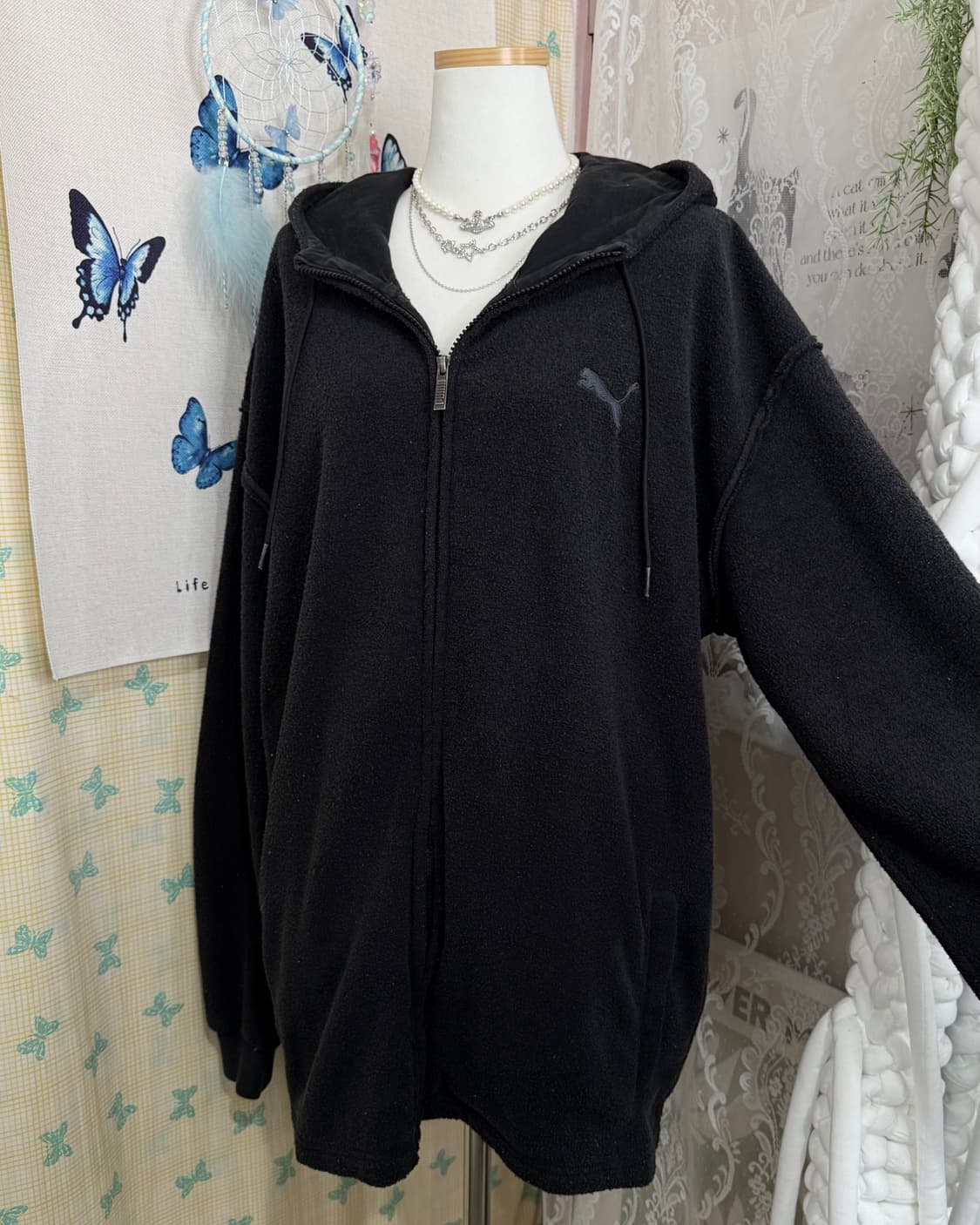 푸마 블랙 뽀글이 오버핏 후드 집업 상품이미지6