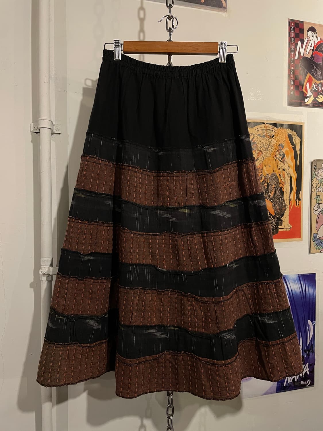 이카트 스타일 패턴 브라운 스티치 블랙 롱스커트 히피 오리엔탈 상품이미지1