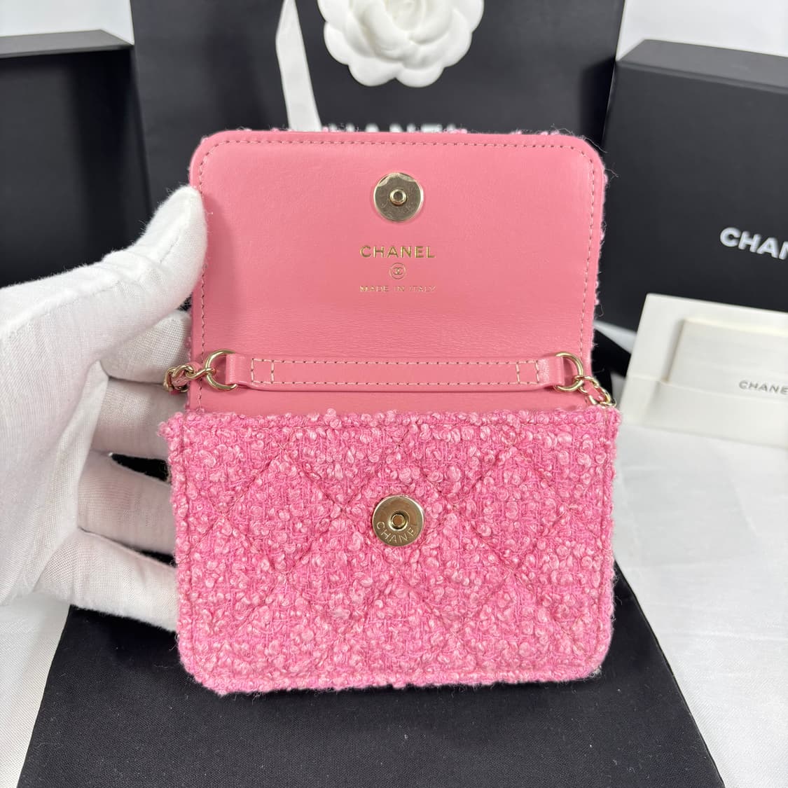 (새상품,풀구성)샤넬 핑크 트위드 플랩 체인 숄더백 내장칩 상품이미지6