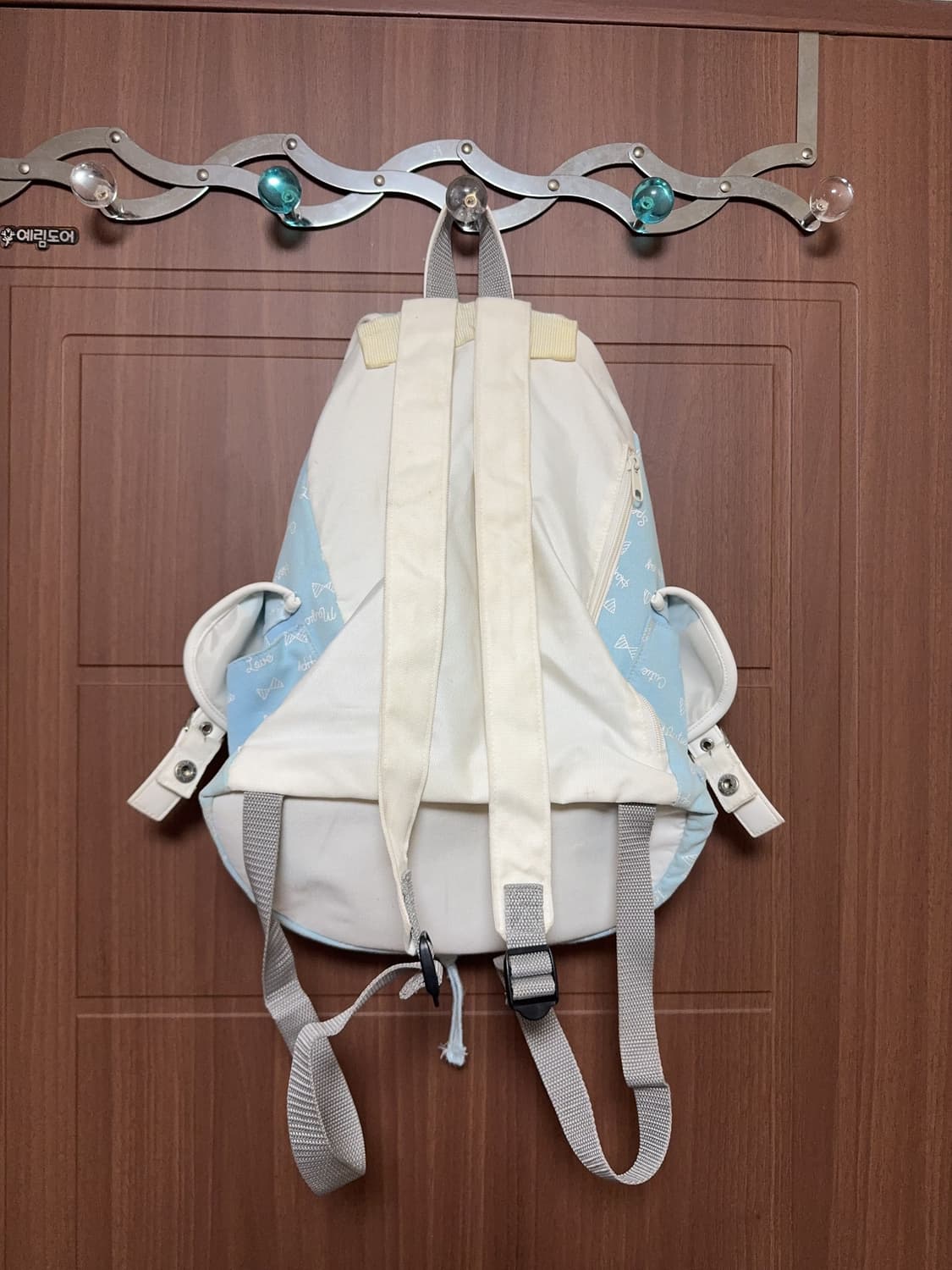 일본 빈티지 모리걸 하늘색 리본 패턴 쓰리포켓 백팩 모리 가방 상품이미지4