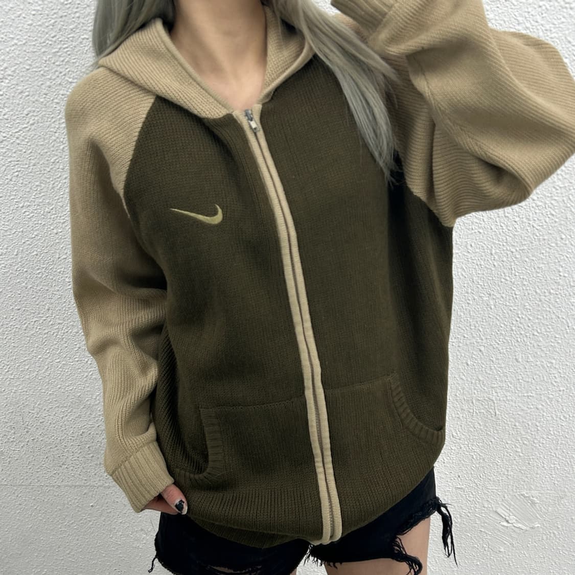 나이키 90's 베이지 배색 딥카키 후드 니트집업 L 상품이미지1