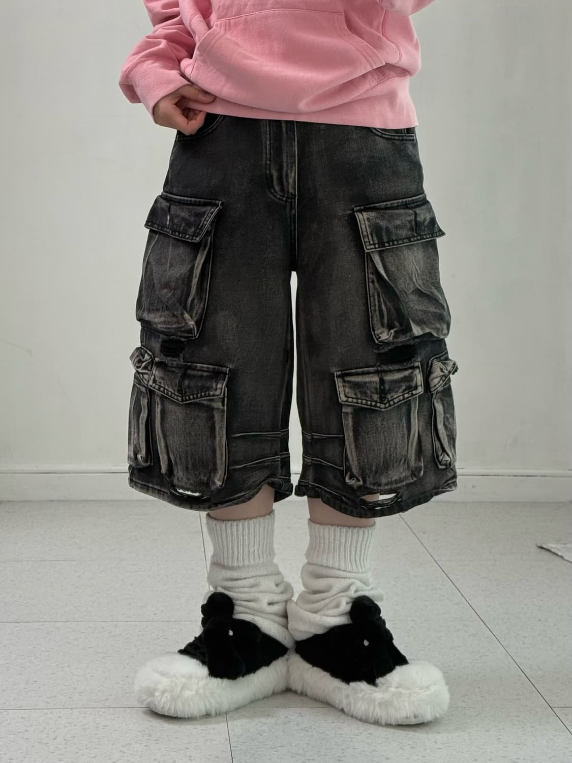 빈티지 흑청 데미지 버뮤다 상품이미지1