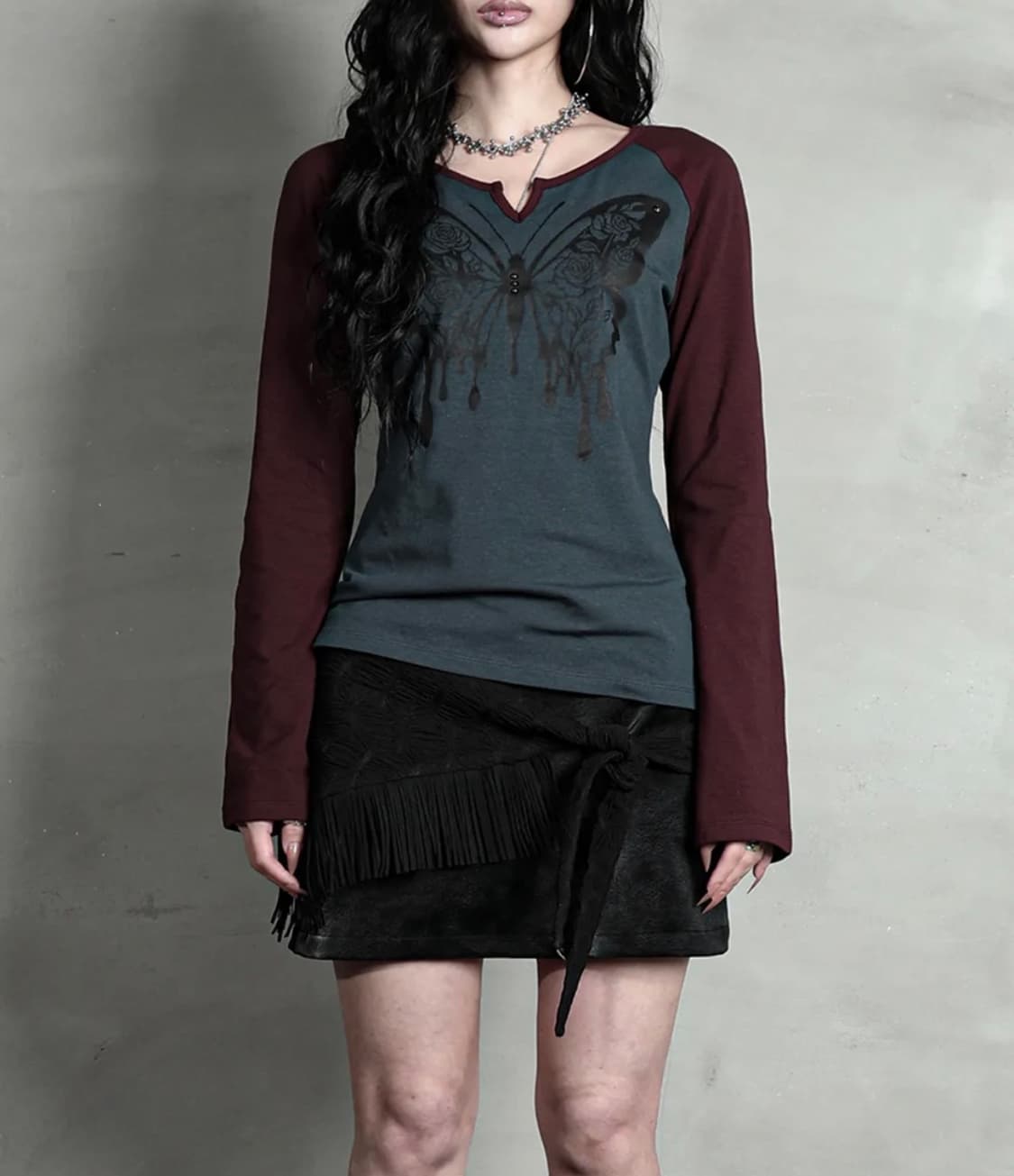 ROSE BUTTERFLY RAGLAN T-SHIRT #WINE BLUE 상품이미지1