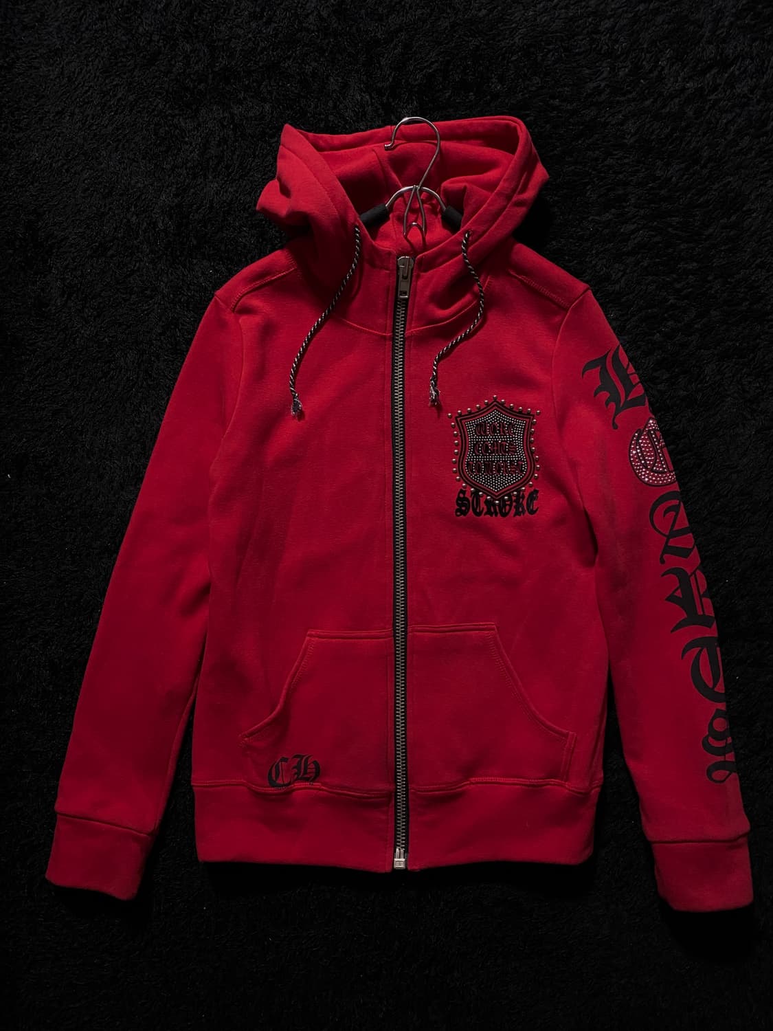 아케호무 펑크 프린팅 레터링 레드 후드집업 상품이미지1