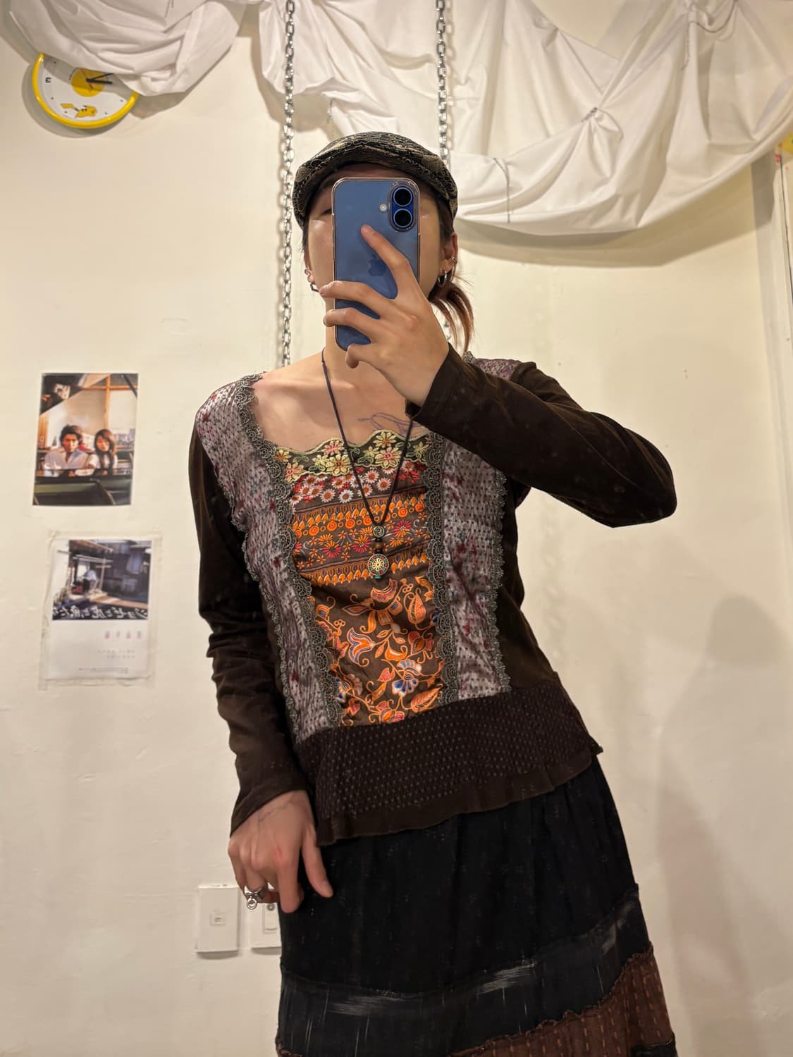 플라워 도트 자수 패치워크 브라운 롱슬리브 오리엔탈 상품이미지4