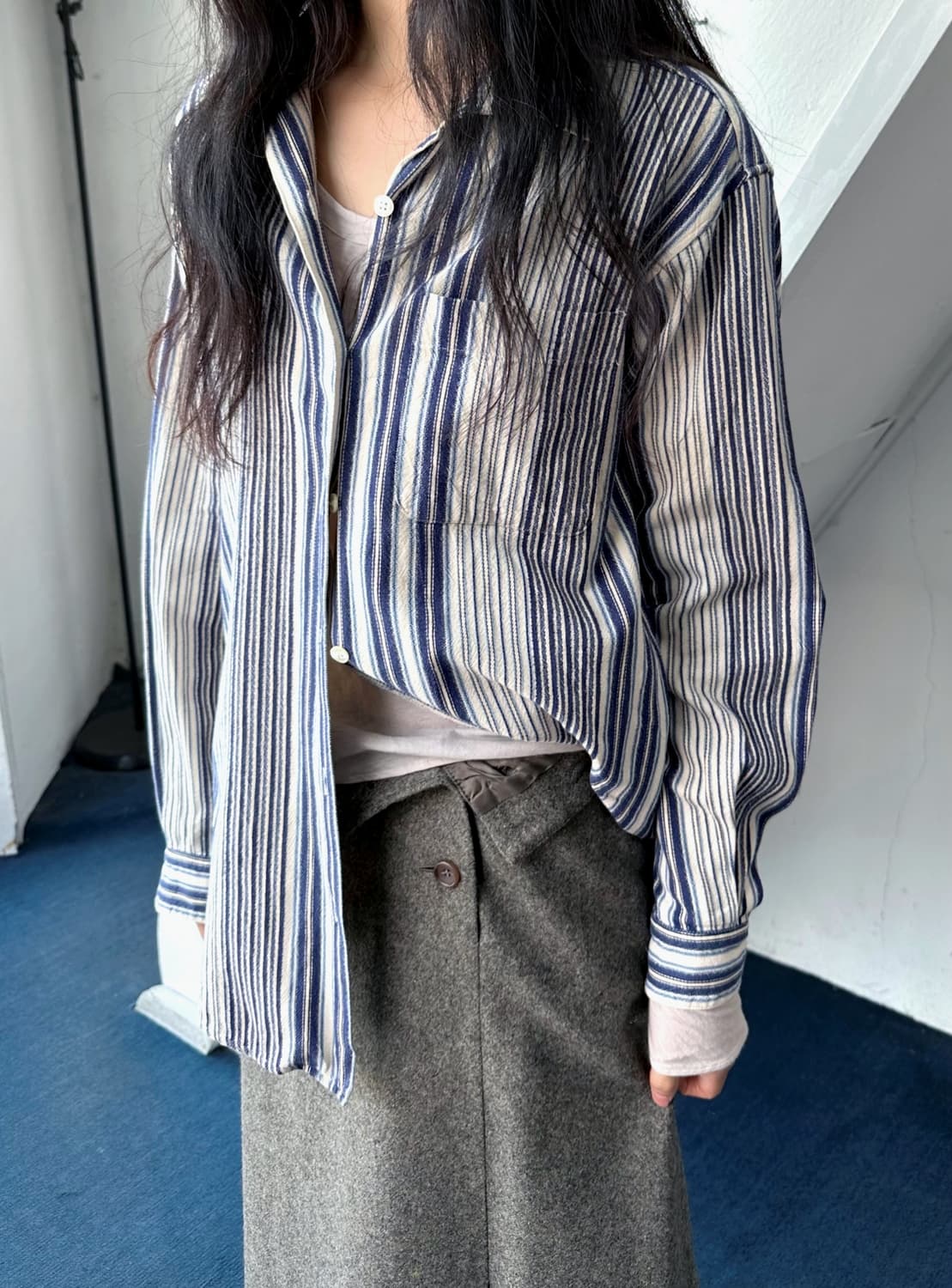 Cotton woven stripe open collar shirt 상품이미지4