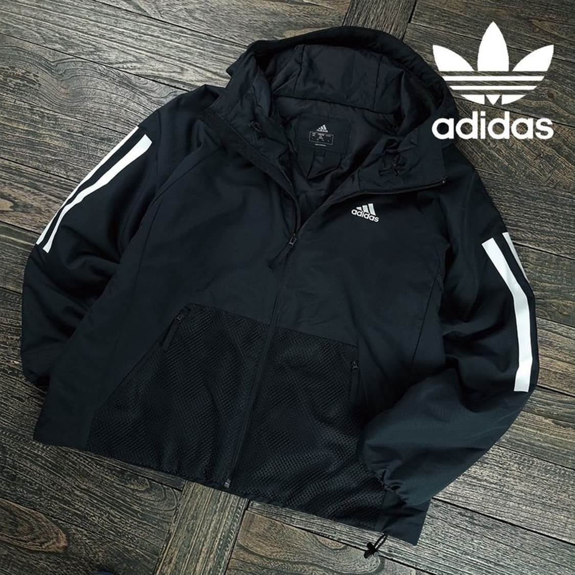 [아디다스] 로고 프린팅 오버핏 후드 바람막이 자켓 블랙 M19444 상품이미지1