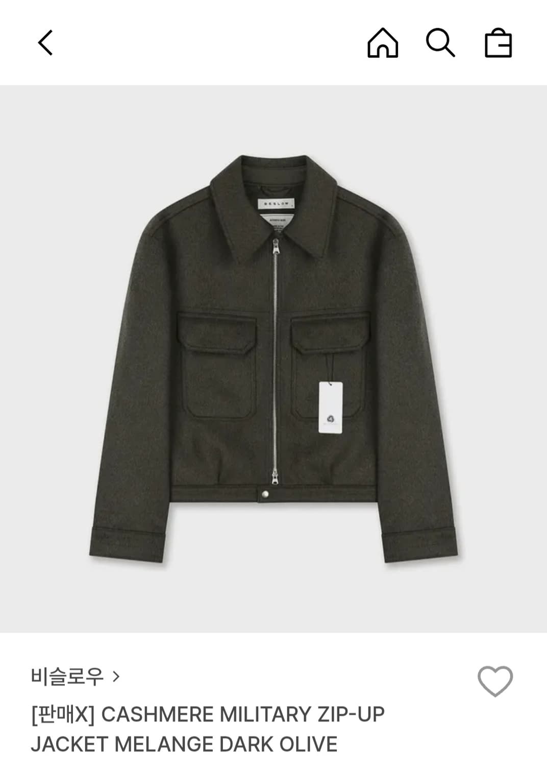 비슬로우 캐시미어 밀리터리 자켓 다크올리브 S 상품이미지1