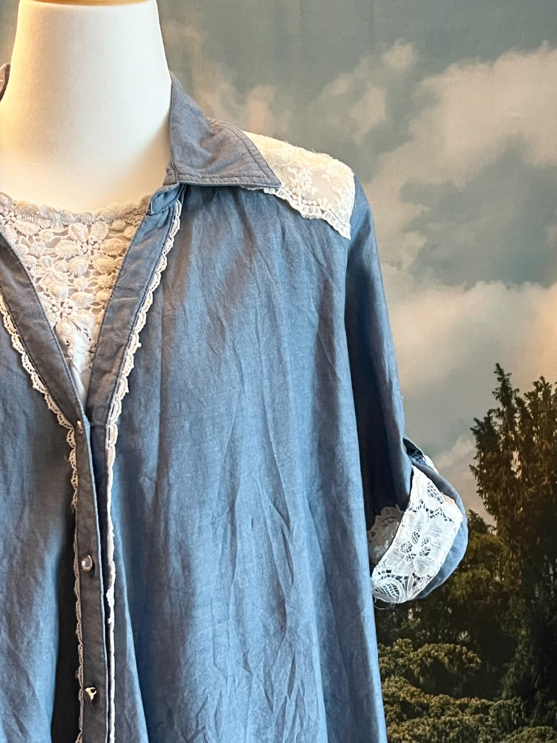 Axes femme Lace Patchwork Denim Shirt Bl 상품이미지3
