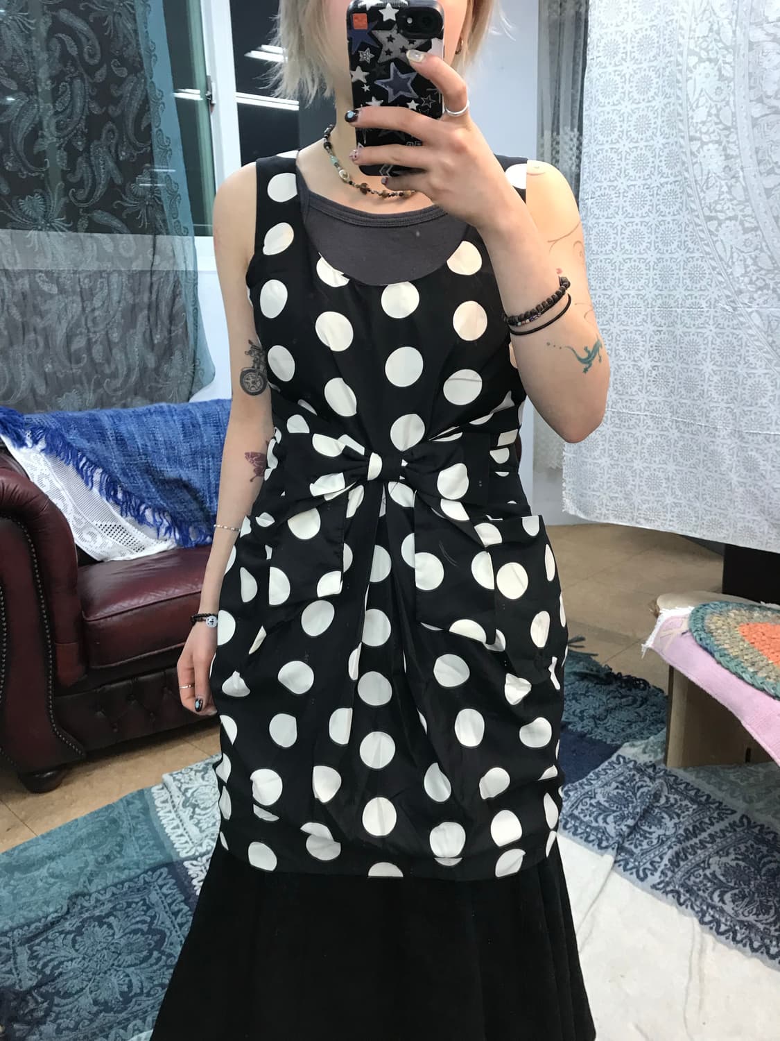 XXI 빈티지 여성 리본 디테일 도트 민소매원피스  상품이미지1