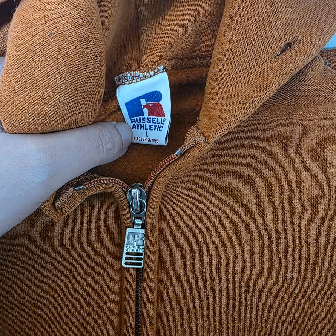 [L] 90s 러셀 애슬레틱 텍사스 후드집업 오렌지 페인팅 상품이미지5