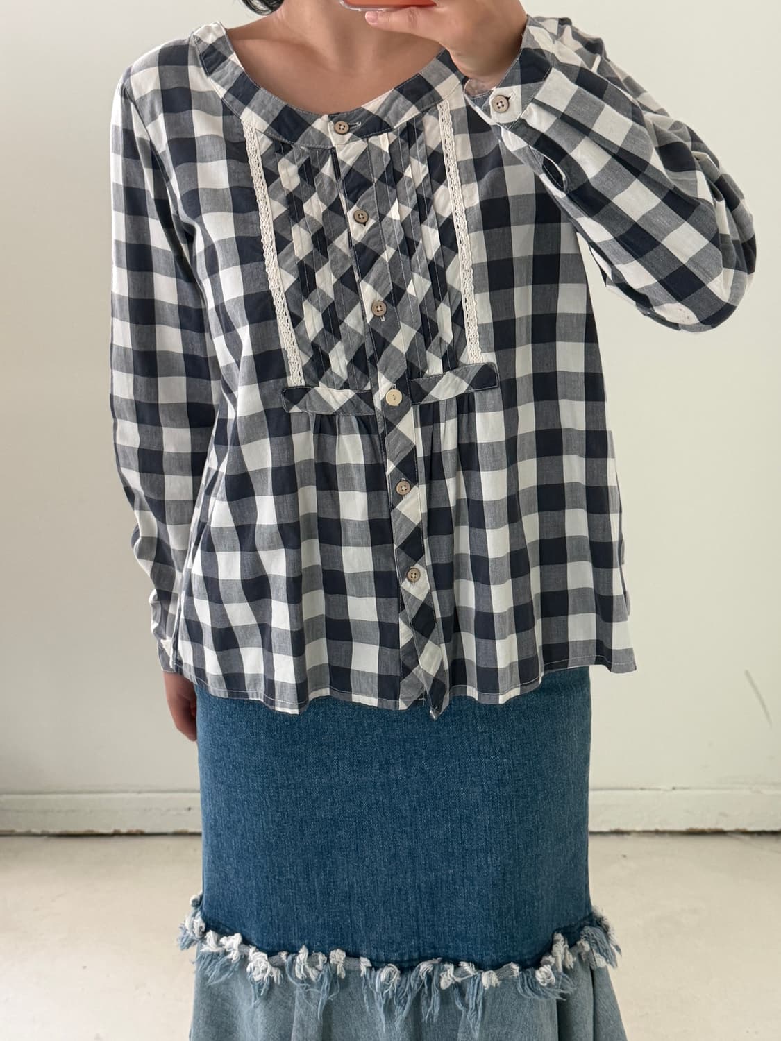일본빈티지 네이비 체크 레이스 블라우스 상품이미지2