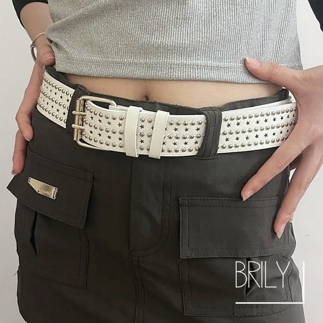 [Unisex] BELL 멀티 스터드 별 펀칭 가죽 벨트 화이트 상품이미지1