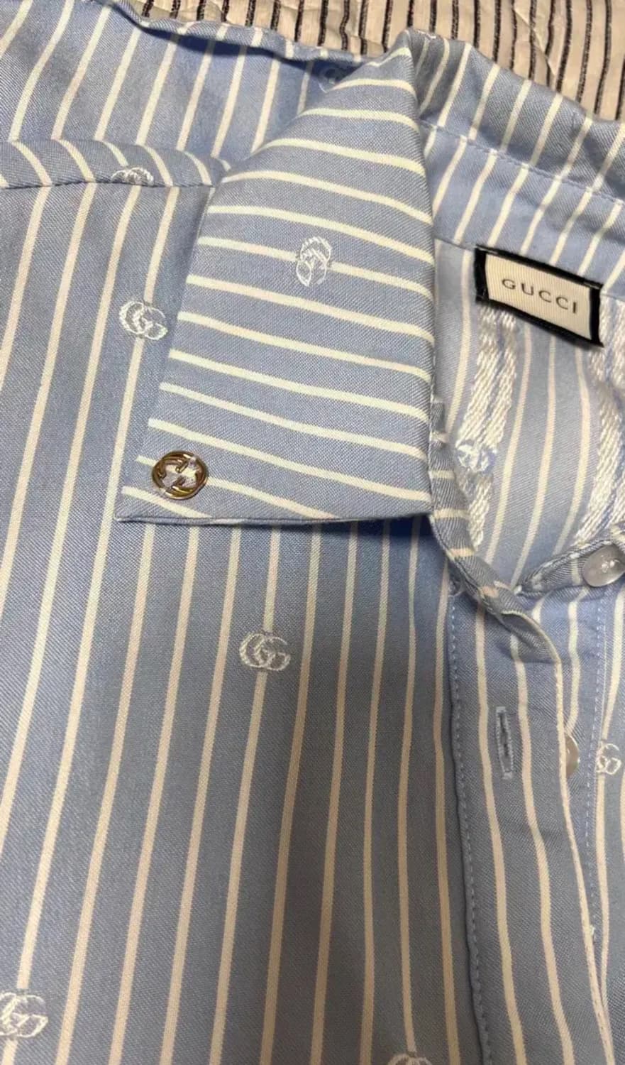 구찌 스트라이프 반팔 셔츠 곰돌이 패치 상품이미지4