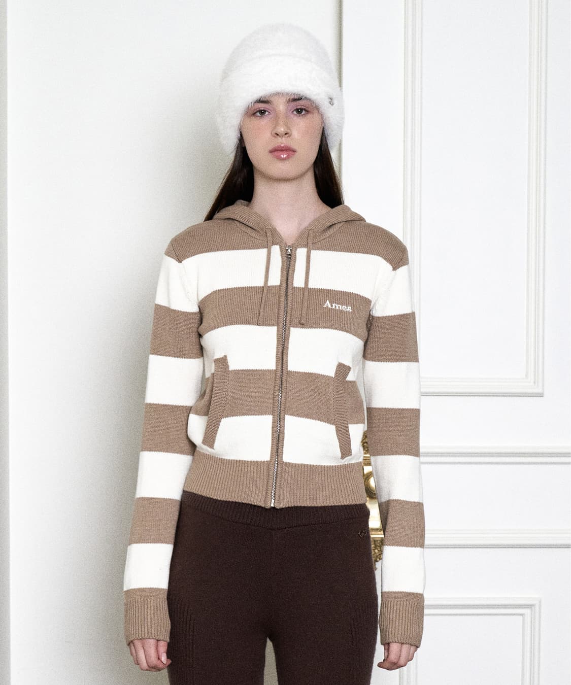 아메스월드와이드 스트라이프 니트 후드집업 / 여성 후드집업/ 여성 니트 상품이미지1