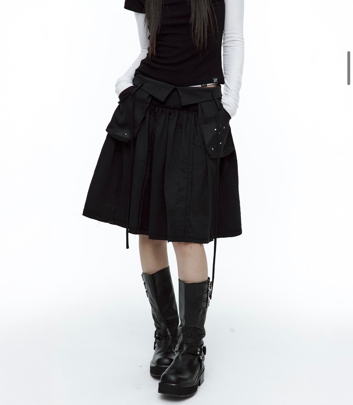 러프넥 아웃포켓플리츠 스커트 블랙 M 상품이미지1