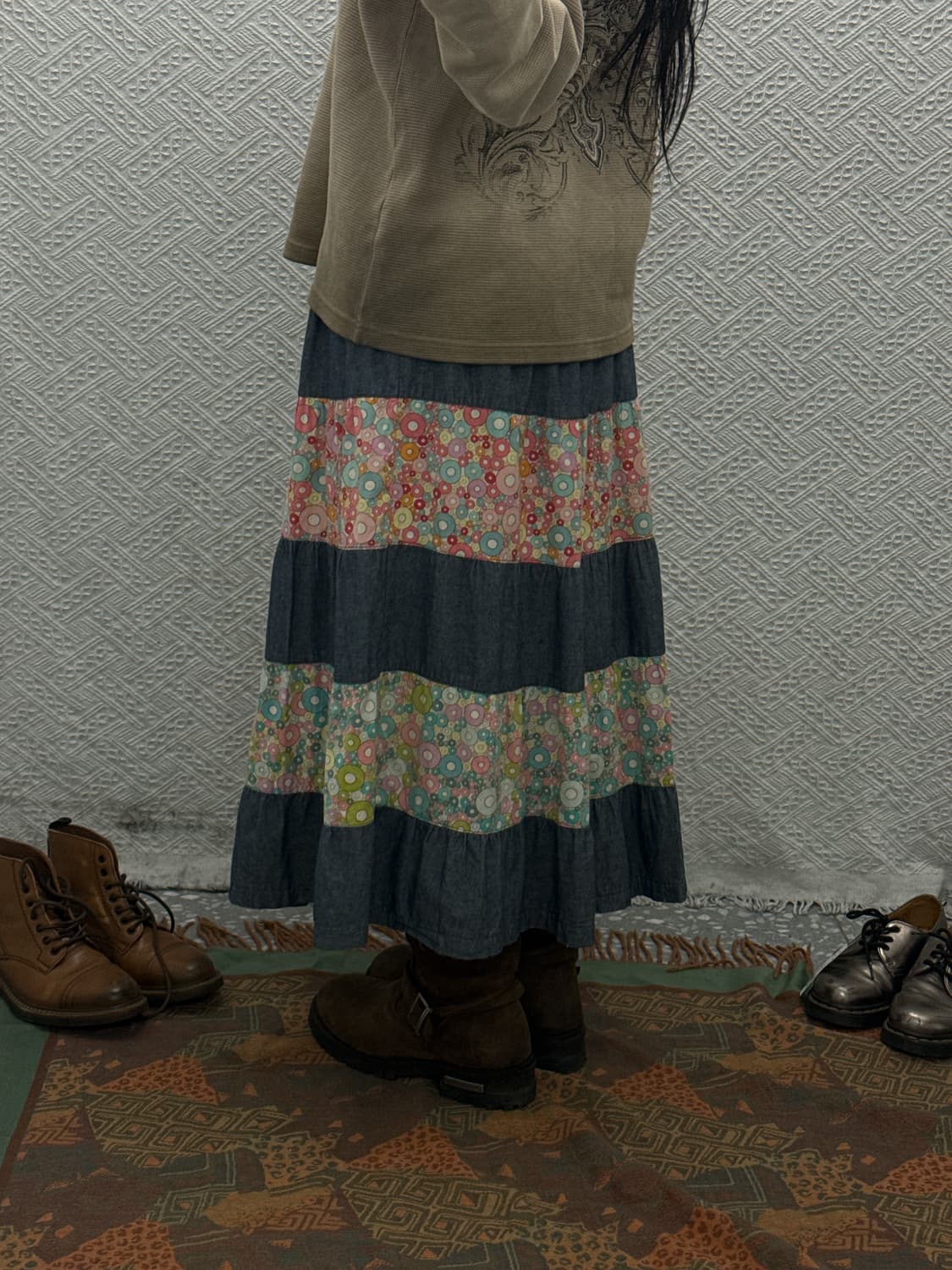빈티지 모리 하구미 에스닉 히피 플라워 패치워크 롱스커트 K0158 상품이미지2