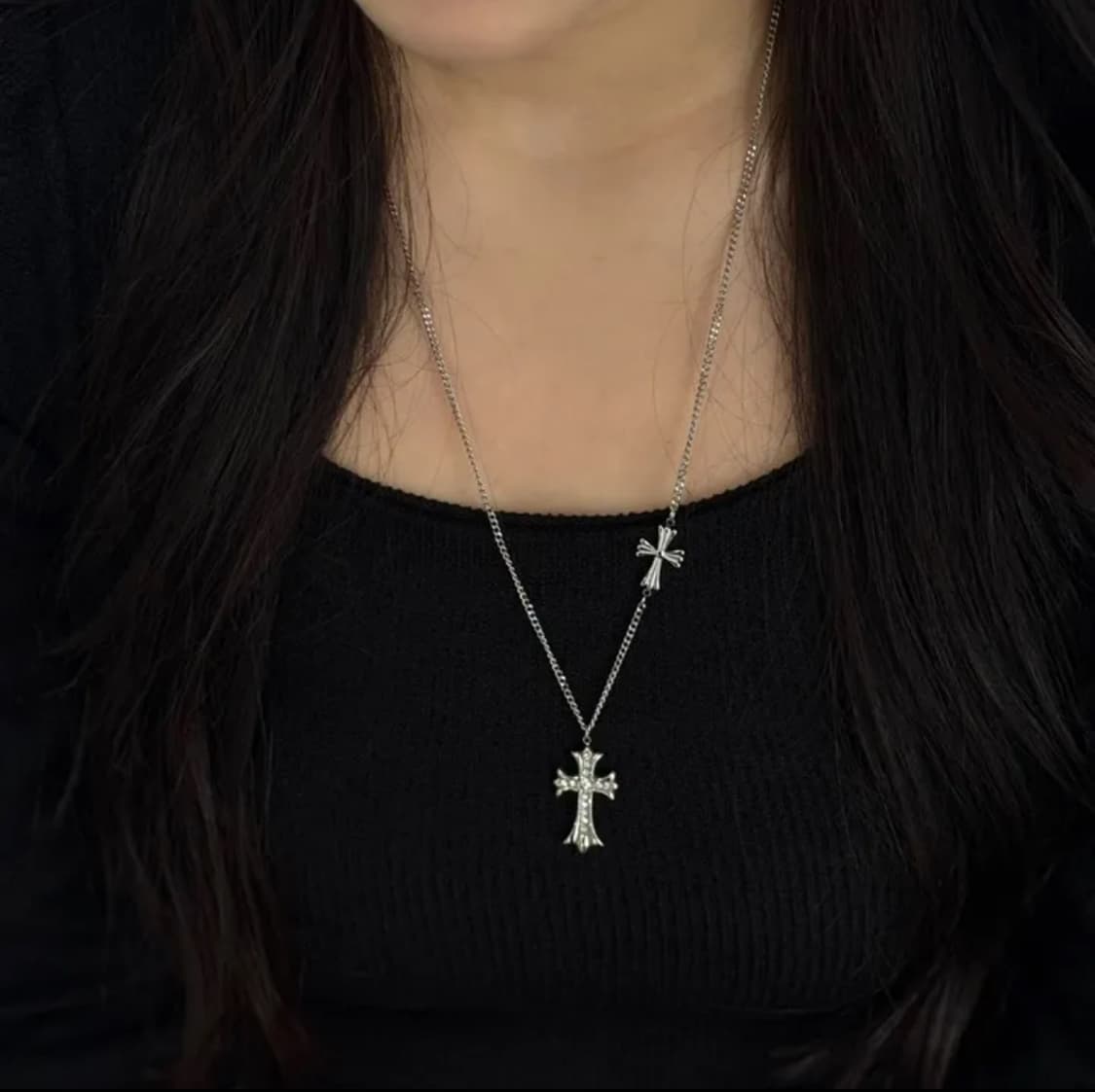 데이큐 큐빅 더블 크로스 실버 롱 목걸이 상품이미지1
