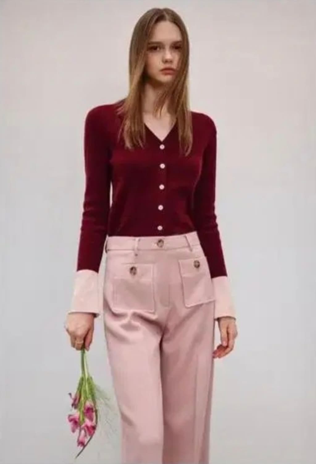 칙스라벨 로제 메리노 울 캐시미어 니트 가디건 와인 버건디 상품이미지1