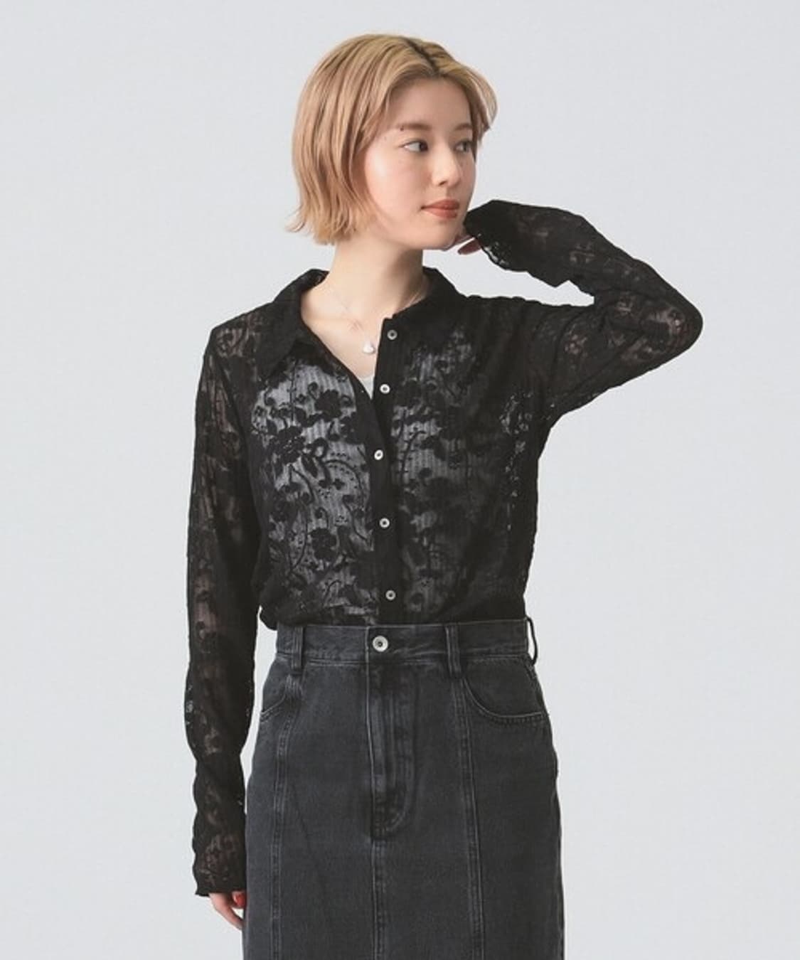 레이빔즈 플리츠 레이스 셔츠 블랙 상품이미지3