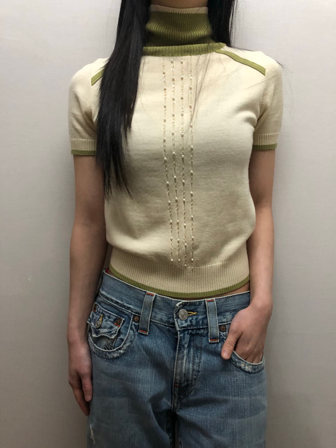 빈티지 아이보리 그린 비즈 니트 상품이미지1