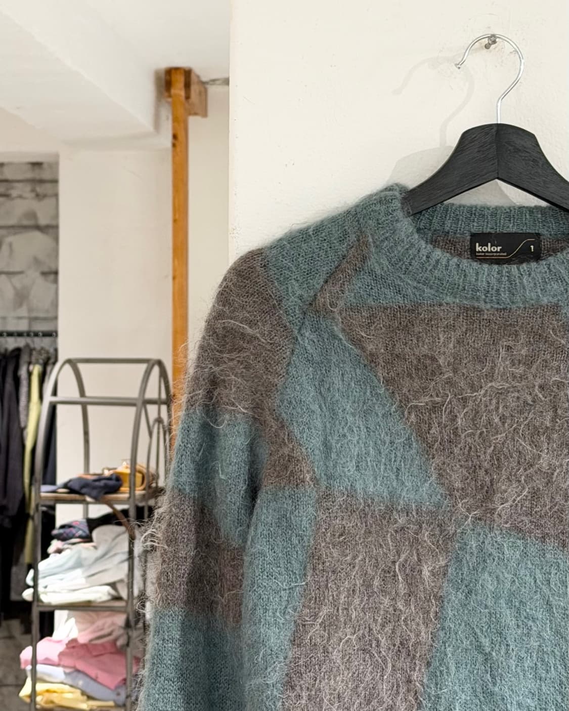 컬러 민트 브라운 배색 패턴 모헤어 니트 상품이미지2