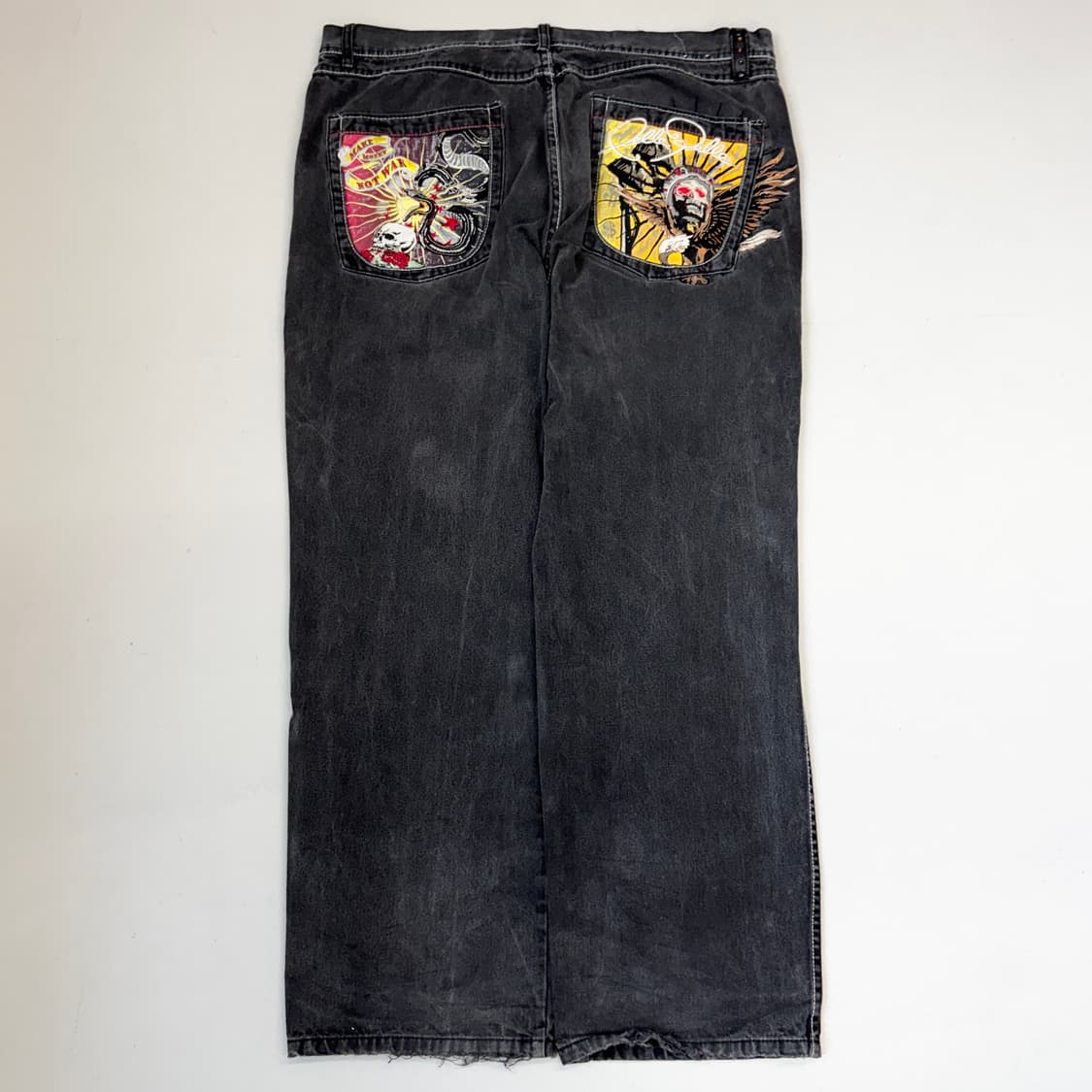 펠레펠레 스컬 해골 뱀 올드스쿨 타투 자수 흑청 와이드 데님팬츠 상품이미지3